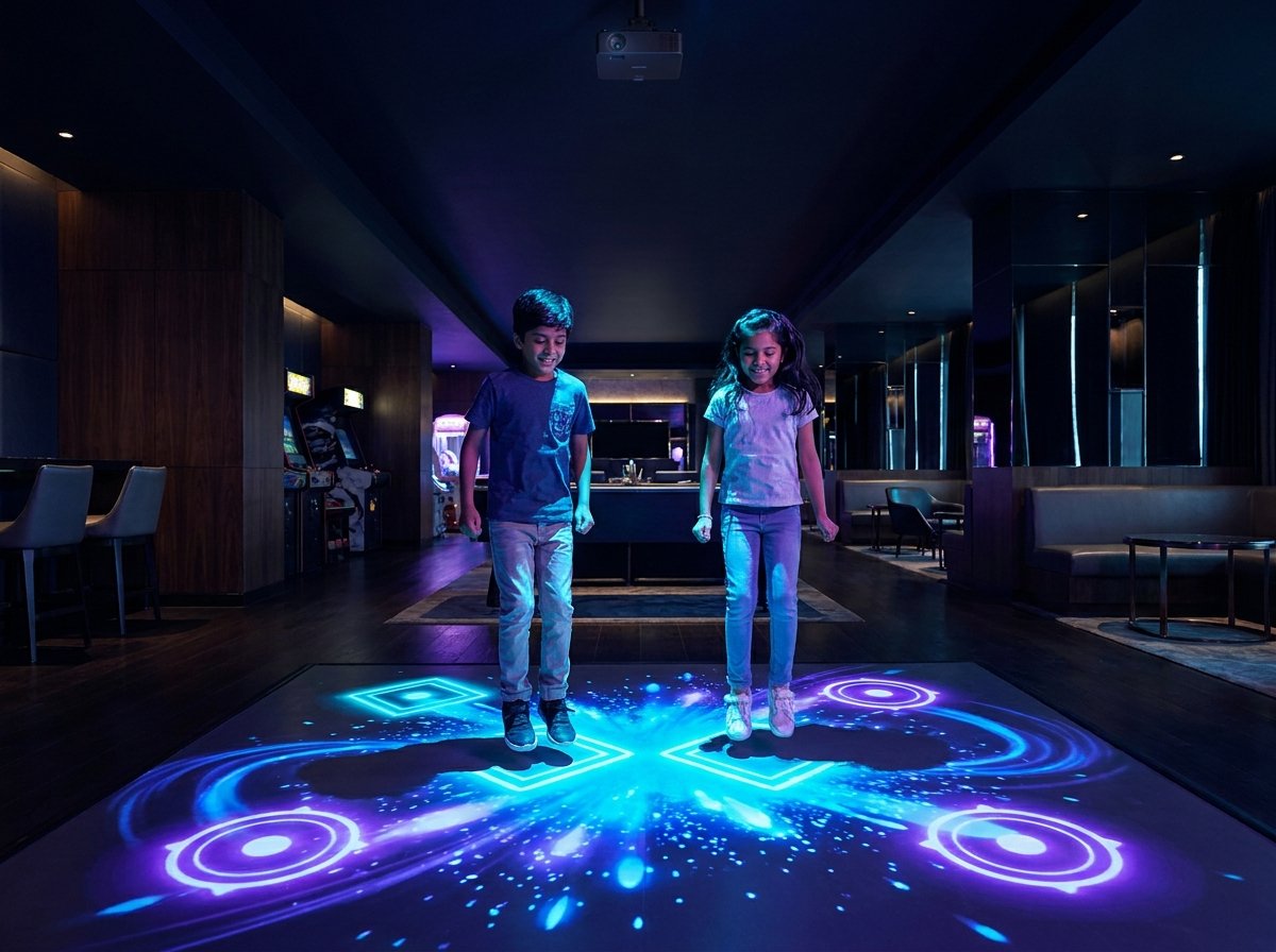 Wacky Floor interactive projection by Bamigos, children playing on a glowing projected game floor