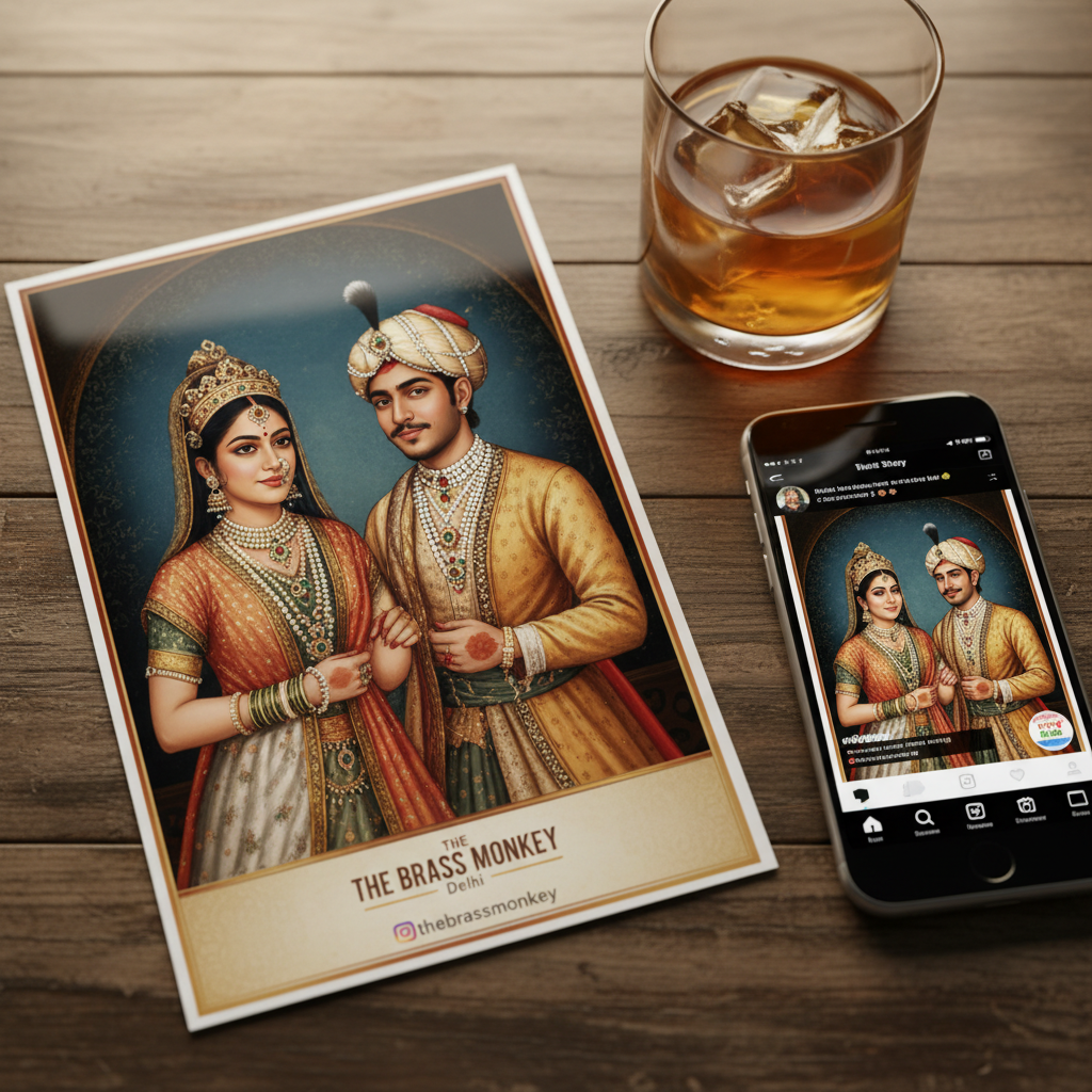 Branded AI photo print with venue logo on a bar table, next to a phone sharing it on Instagram